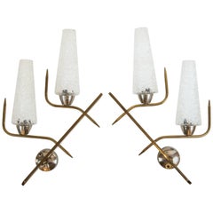Pair of 1950s Brass Wall Sconces from France with Textured Glass Shades 12