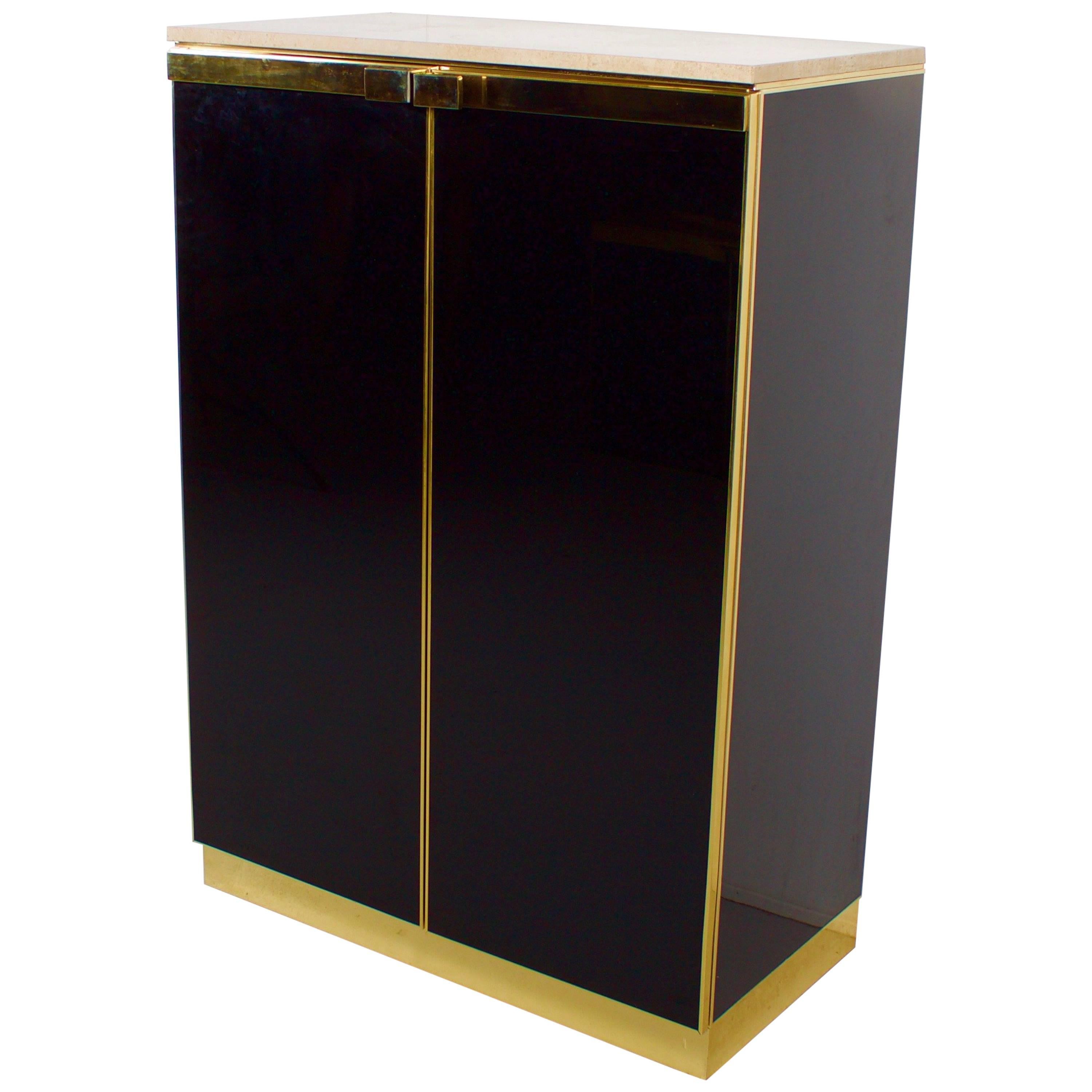 1970s Brass, Travertine and Black Lacquered Cabinet