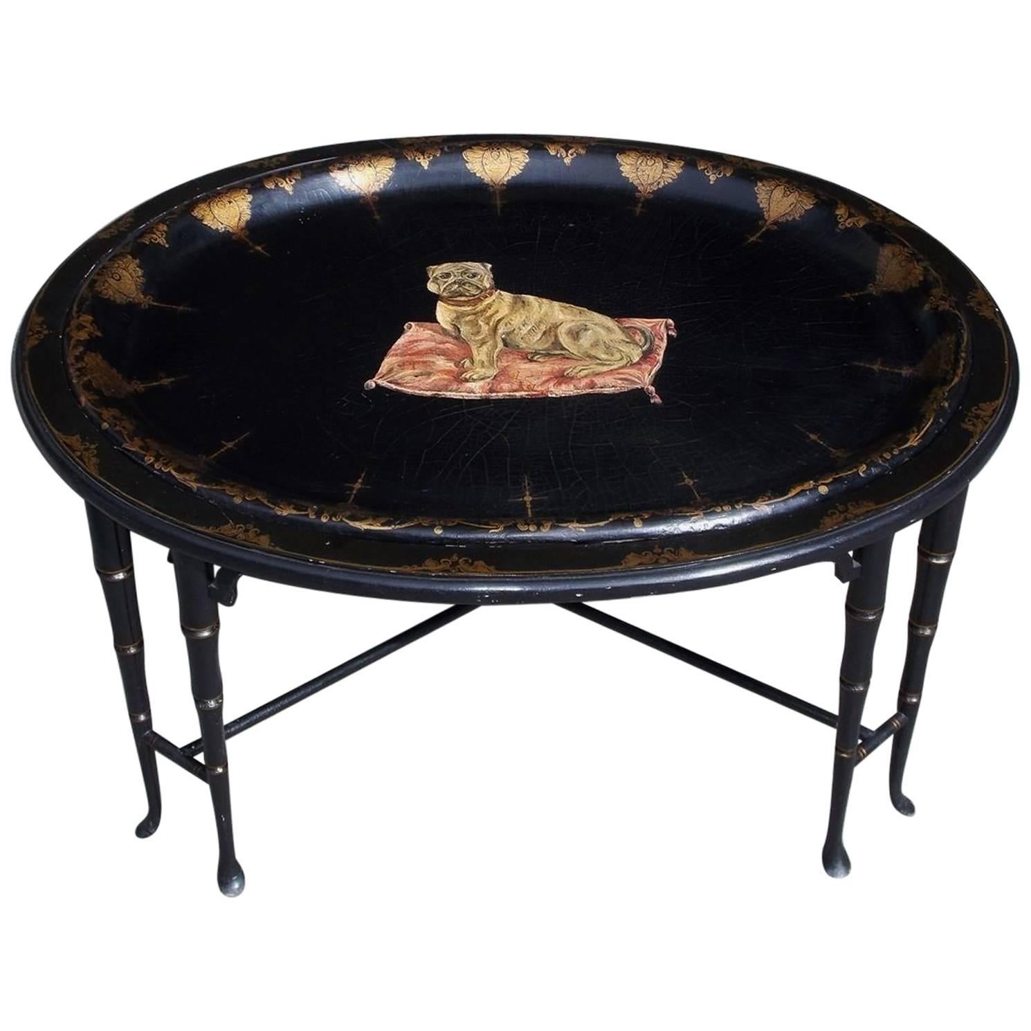 English Black Lacquer and Floral Gilt Oval Papier-Mache Tray on Stand, C. 1820