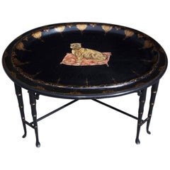 English Black Lacquer and Floral Gilt Oval Papier-Mache Tray on Stand, C. 1820