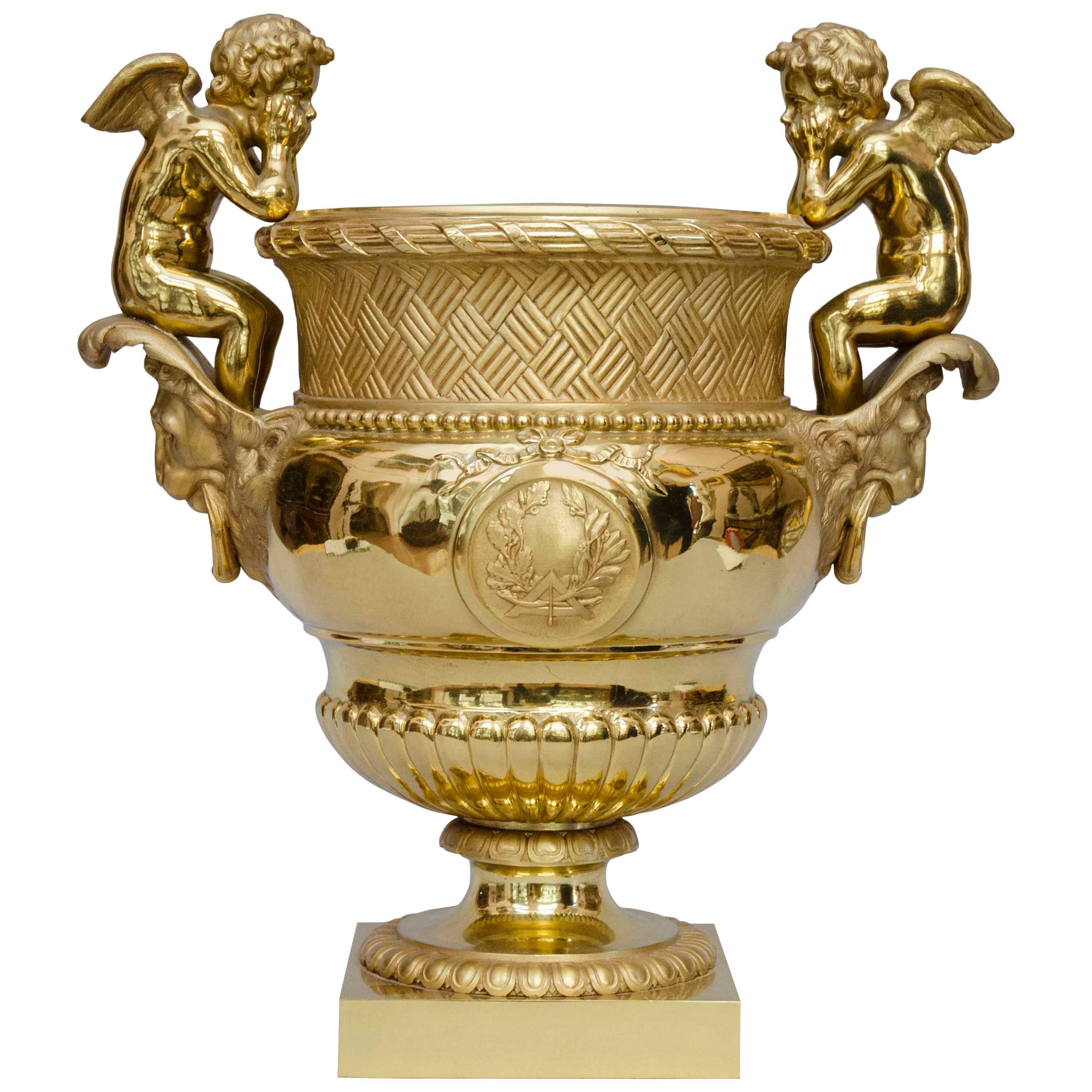 Early 19th Century Large "Versailles" Model Gilt Bronze Crater Vase, Jardiniere For Sale