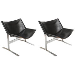 Pair of Clement Meadmore Leather Sling Lounge Chairs