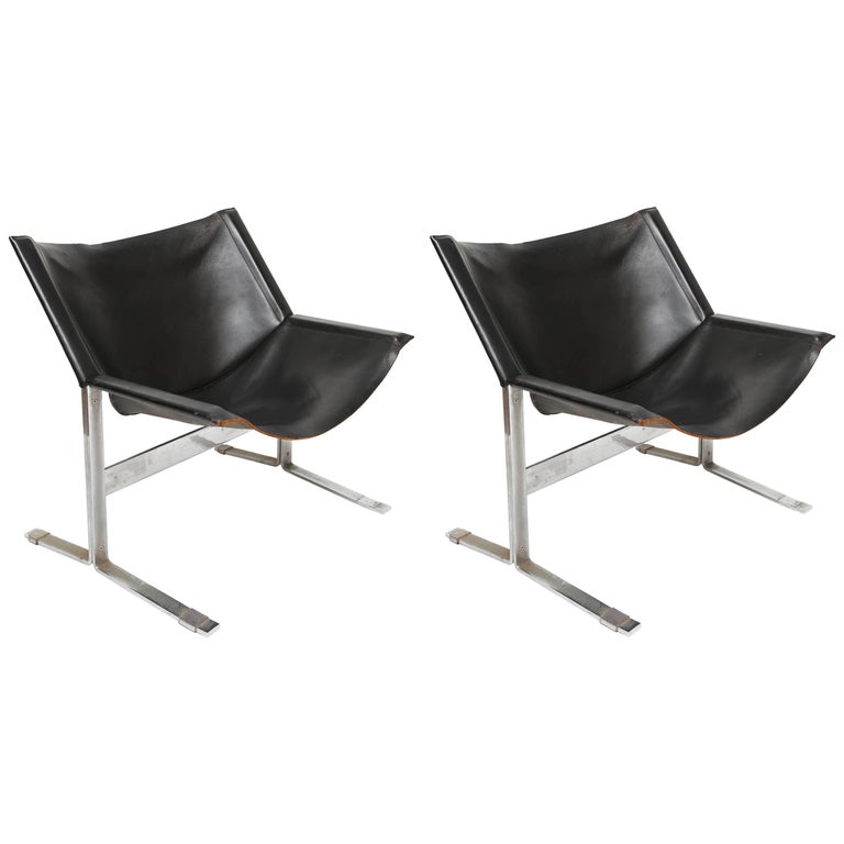 Pair of Clement Meadmore Leather Sling Lounge Chairs For Sale