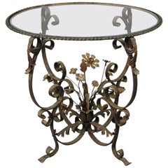 Antique 1920s Wrought Iron Garden Decorative Floral Glass Top Side Table