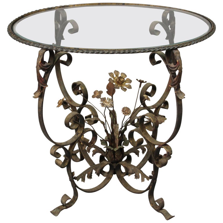 Antique 1920s Wrought Iron Garden Decorative Floral Glass Top Side