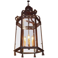 Antique Italian Bronze Hexagon Decorative Tassel Hanging Hall Lantern, Circa 1820