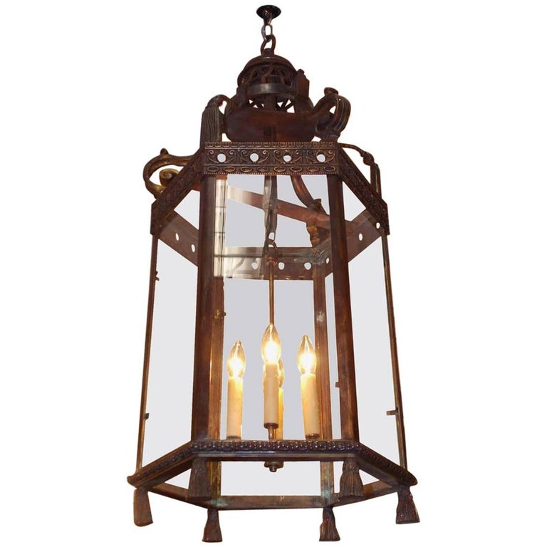 Italian Bronze Hexagon Decorative Tassel Hanging Hall Lantern, Circa