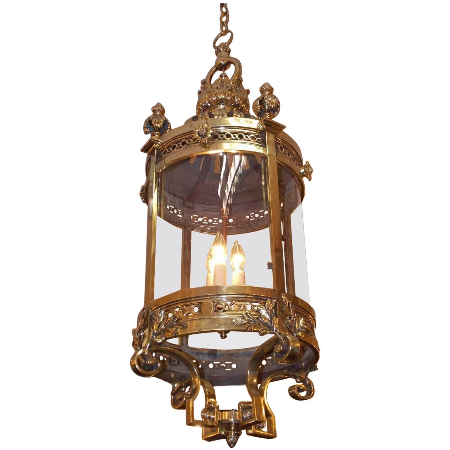 English Brass Decorative Acanthus Circular Glass Hanging Hall Lantern, C. 1840