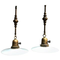 Milk Glass Disc Ornate Brass Stem Pendant Lights