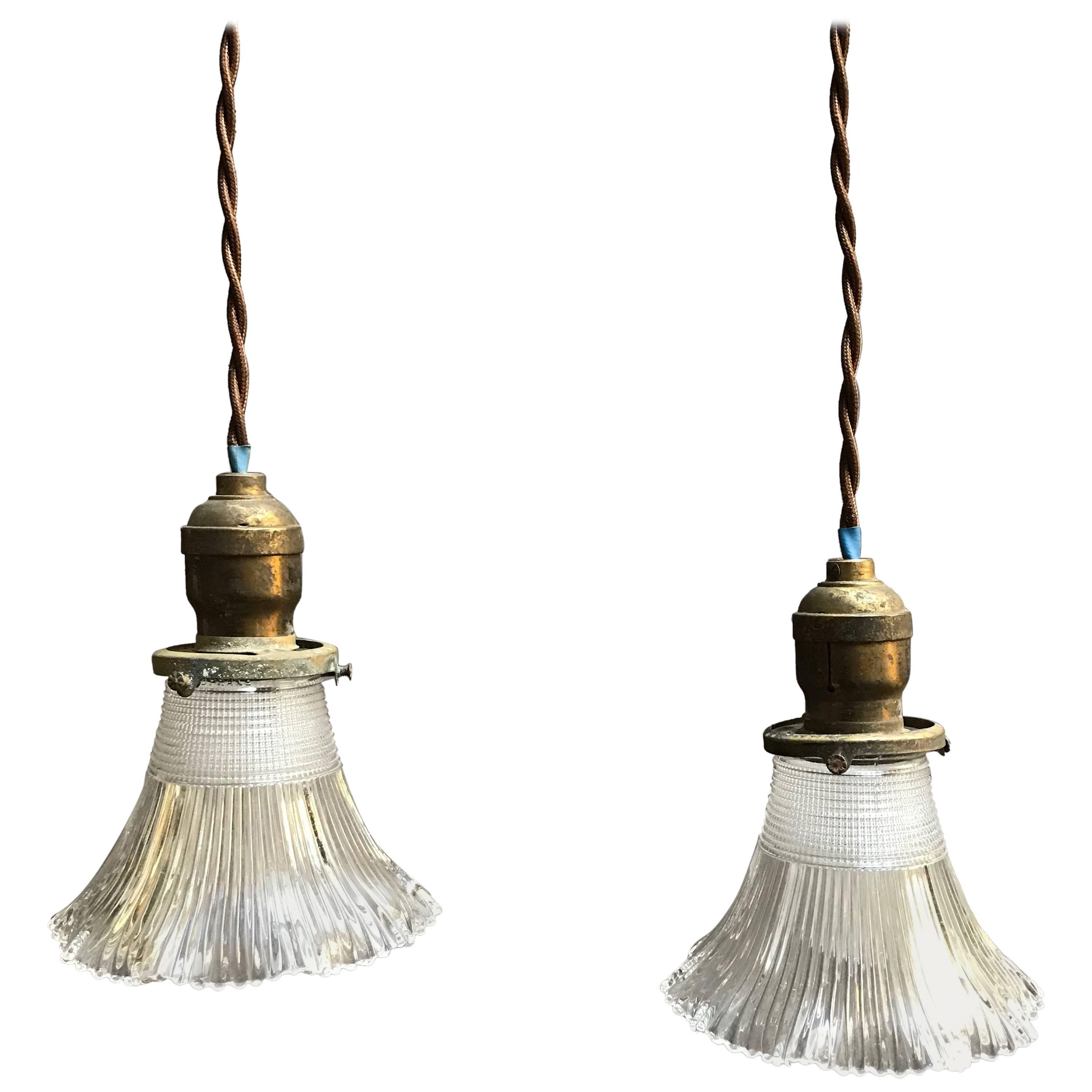 Pair of Petite Industrial Holophane Glass Bell Pendants