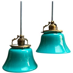 Pair of Early Emeralite Glass Shade Pendant Lights