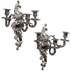 Pair of Antique French Louis XV Style Three-Arm Silver Nickel Sconces