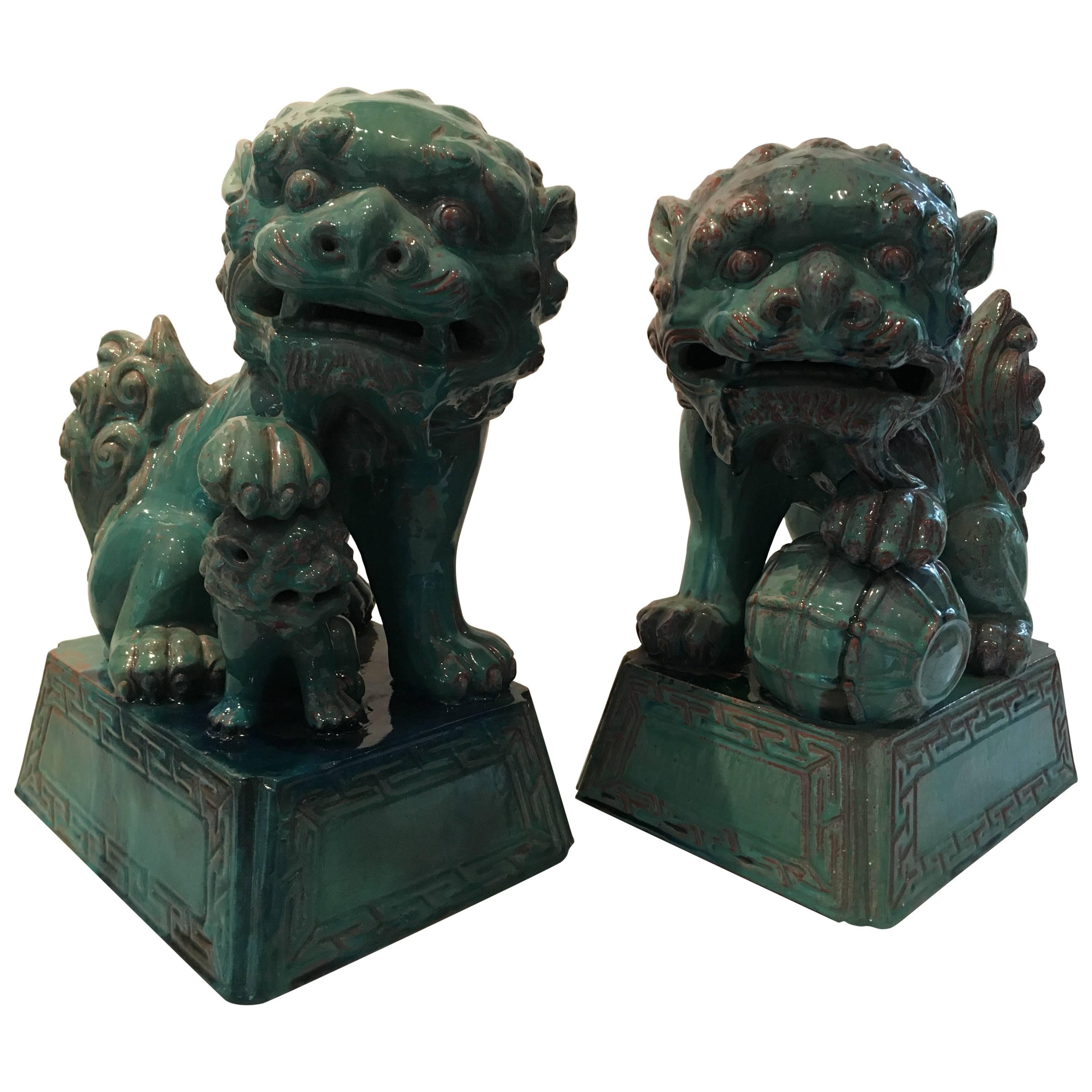 Striking Large Pair of Turquoise Chinese Foo Dogs