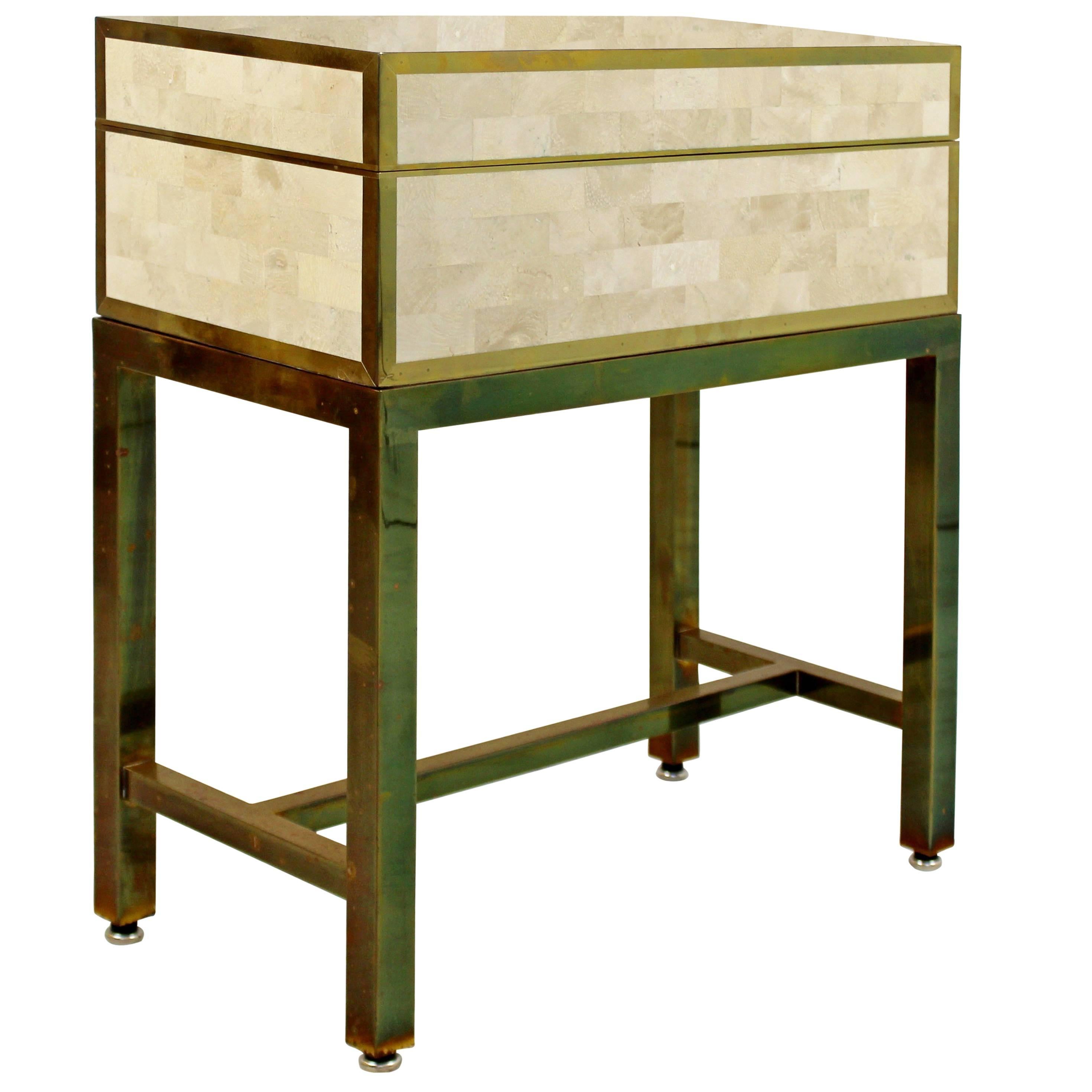 Contemporary Tessellated Stone Box Side Table on Brass Base, Maitland-Smith