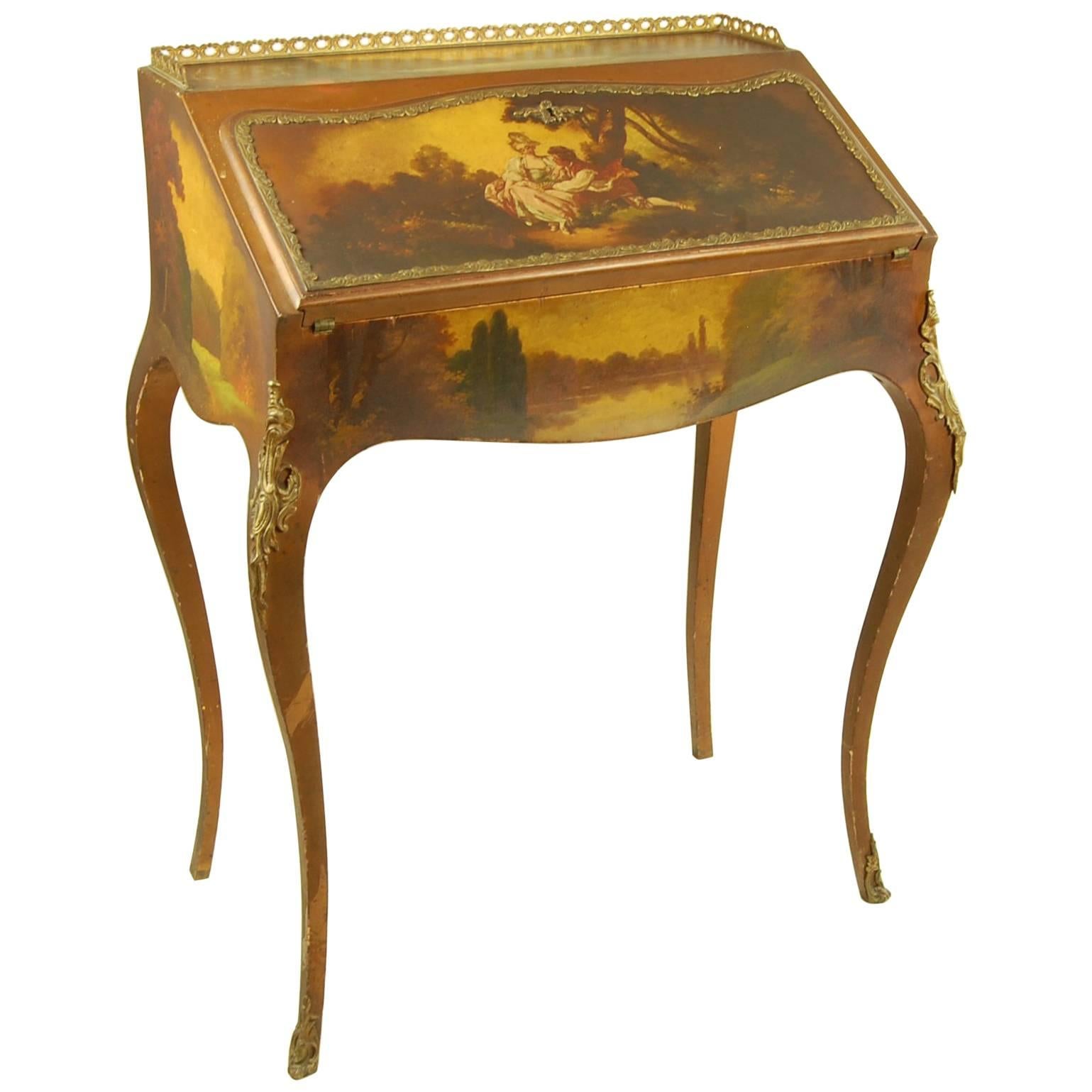 Late 19th Century Antique Writing Desk with Painted Scene Fabric Lined For Sale