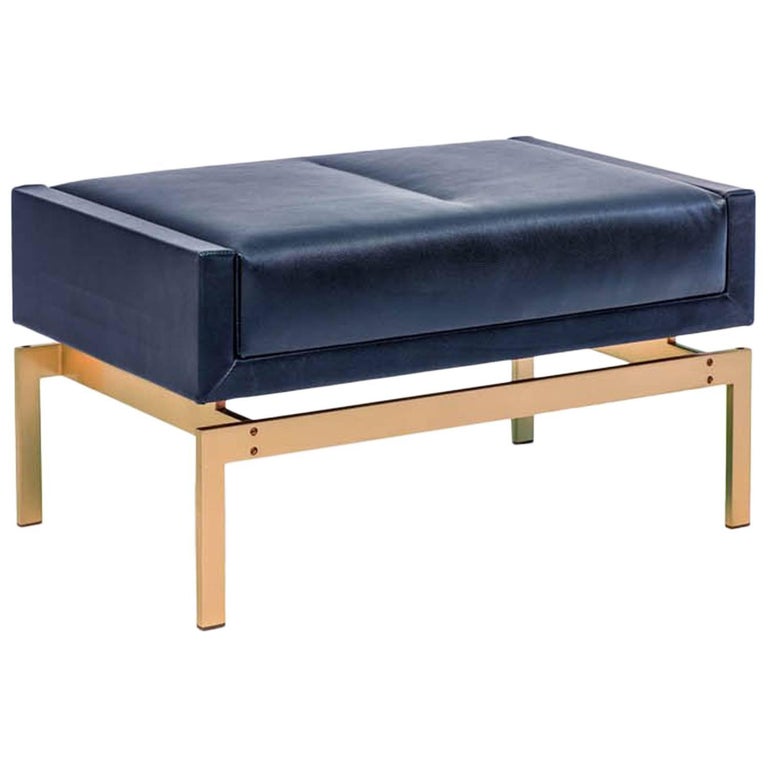 Olivera Ottoman With Bronze Base And, Navy Leather Ottoman