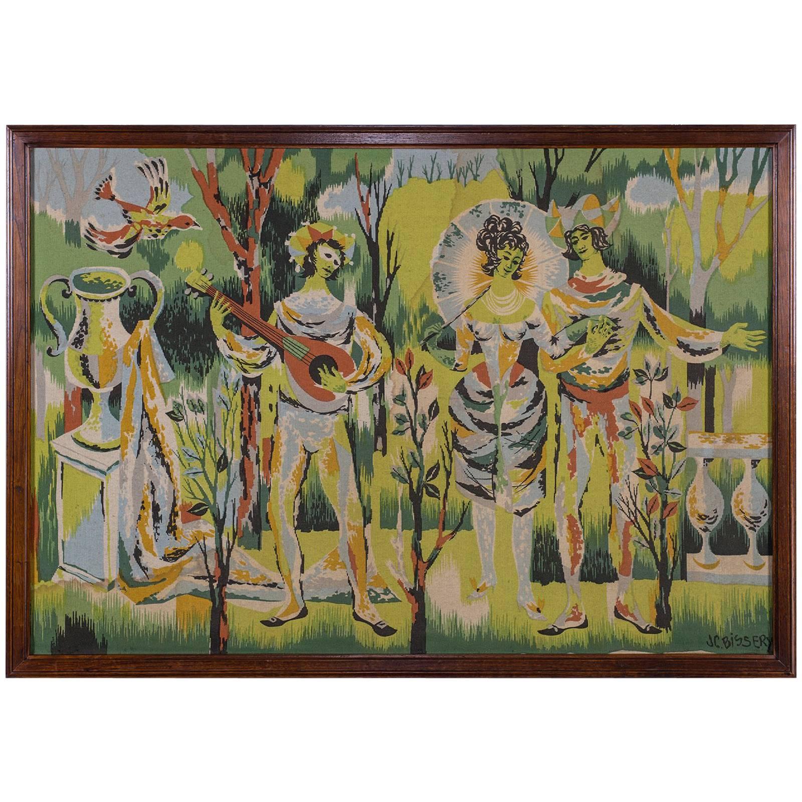 Vintage French Tapestry Neoclassical Scene of Figures circa 1960 Original Frame For Sale