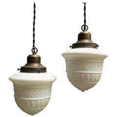 Art Deco Painted White Pressed Glass Pharmacy Pendants