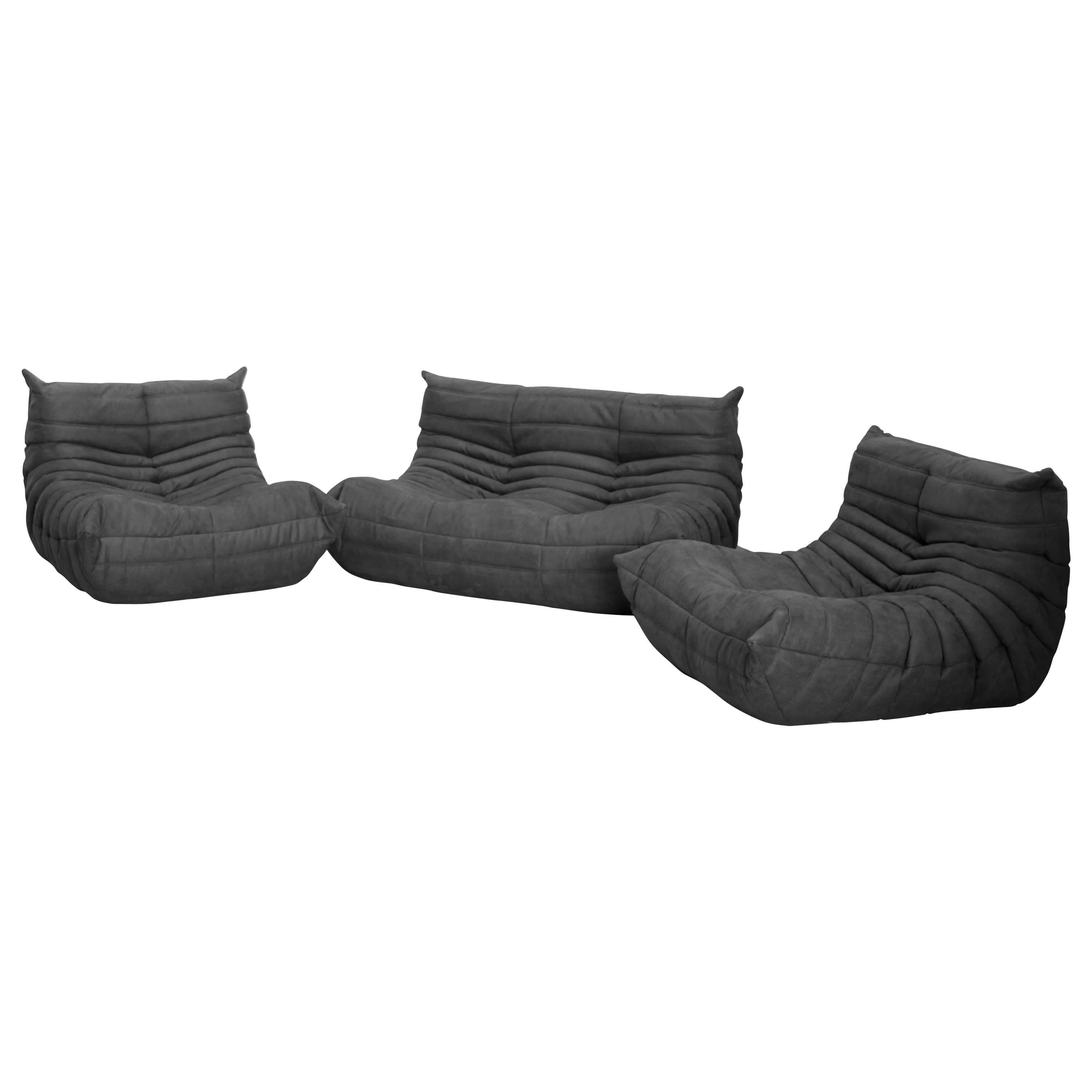 Grey Microfibre Togo Sofa Set by Michel Ducaroy for Ligne Roset, Set of Three