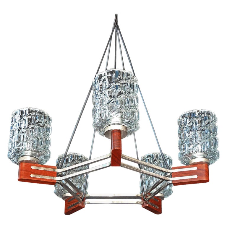Mid Century Modern Chrome Ceiling Lamp/Danish Teak Style Pendant Wood Chandelier For Sale at 1stdibs