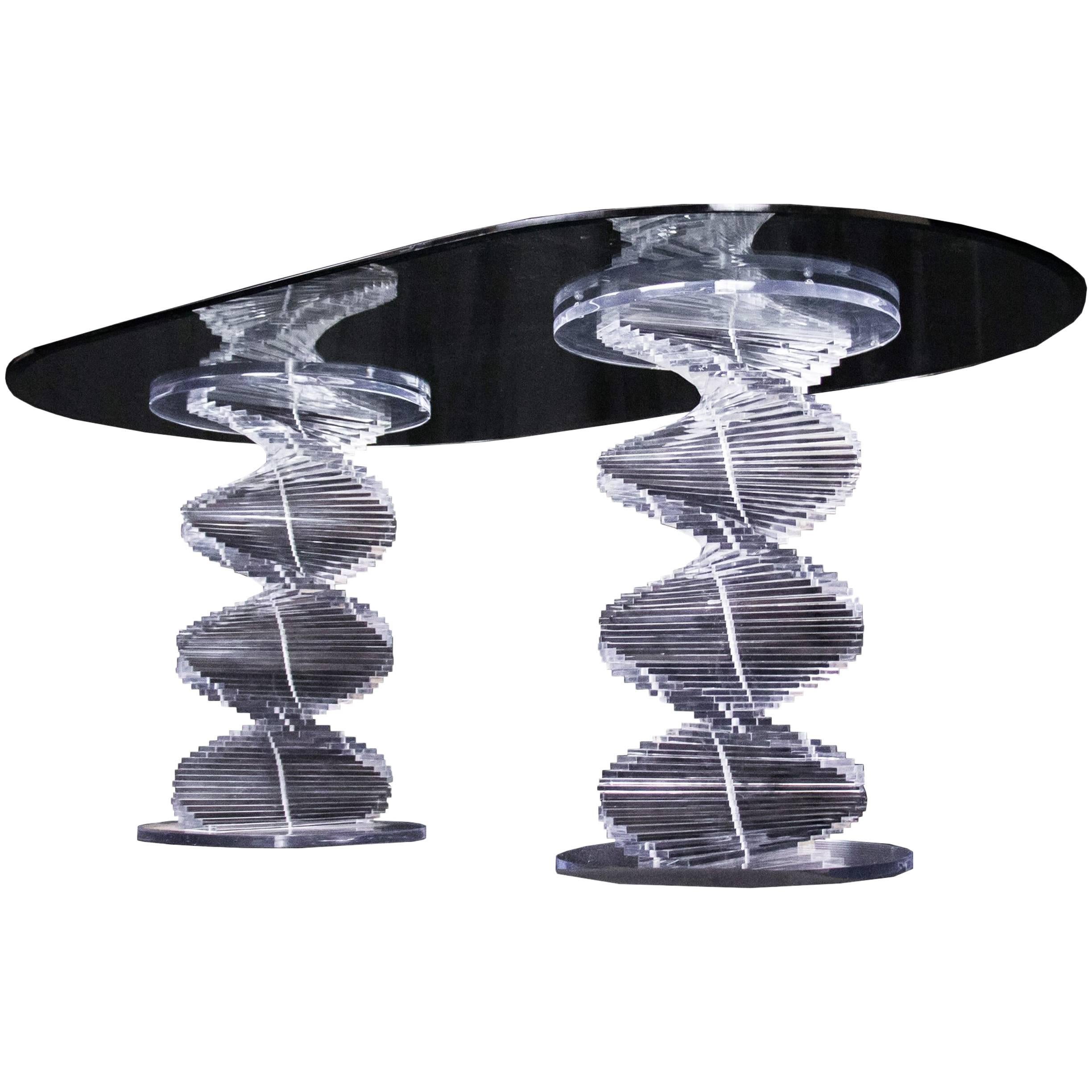 Double Spiral Lucite Pedestal Dining Table With Glass Top