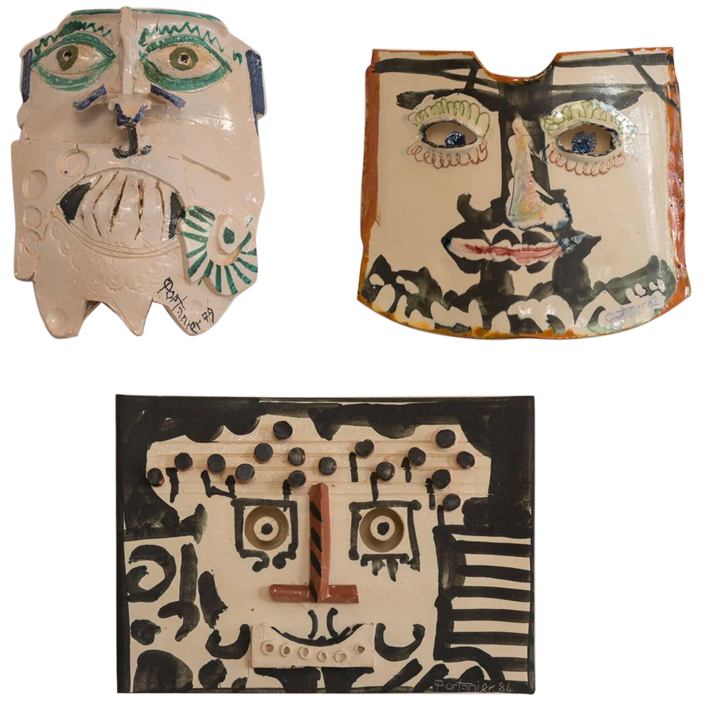 Gilbert Portanier Set of Three Wall-Mounted Ceramic Masks For Sale