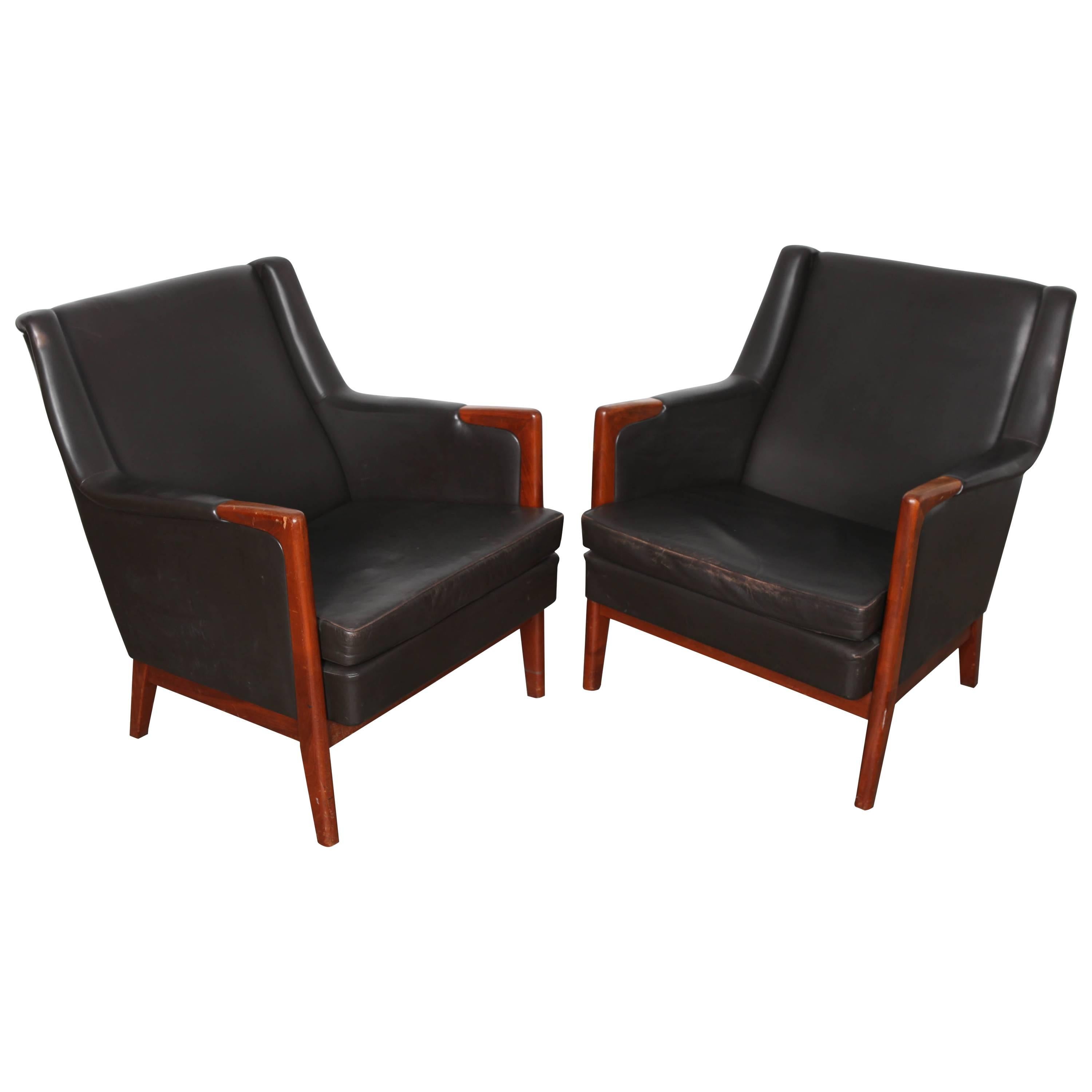 Pair of Black Leather Lounge Chairs by Karl Erik Ekselius of Sweden