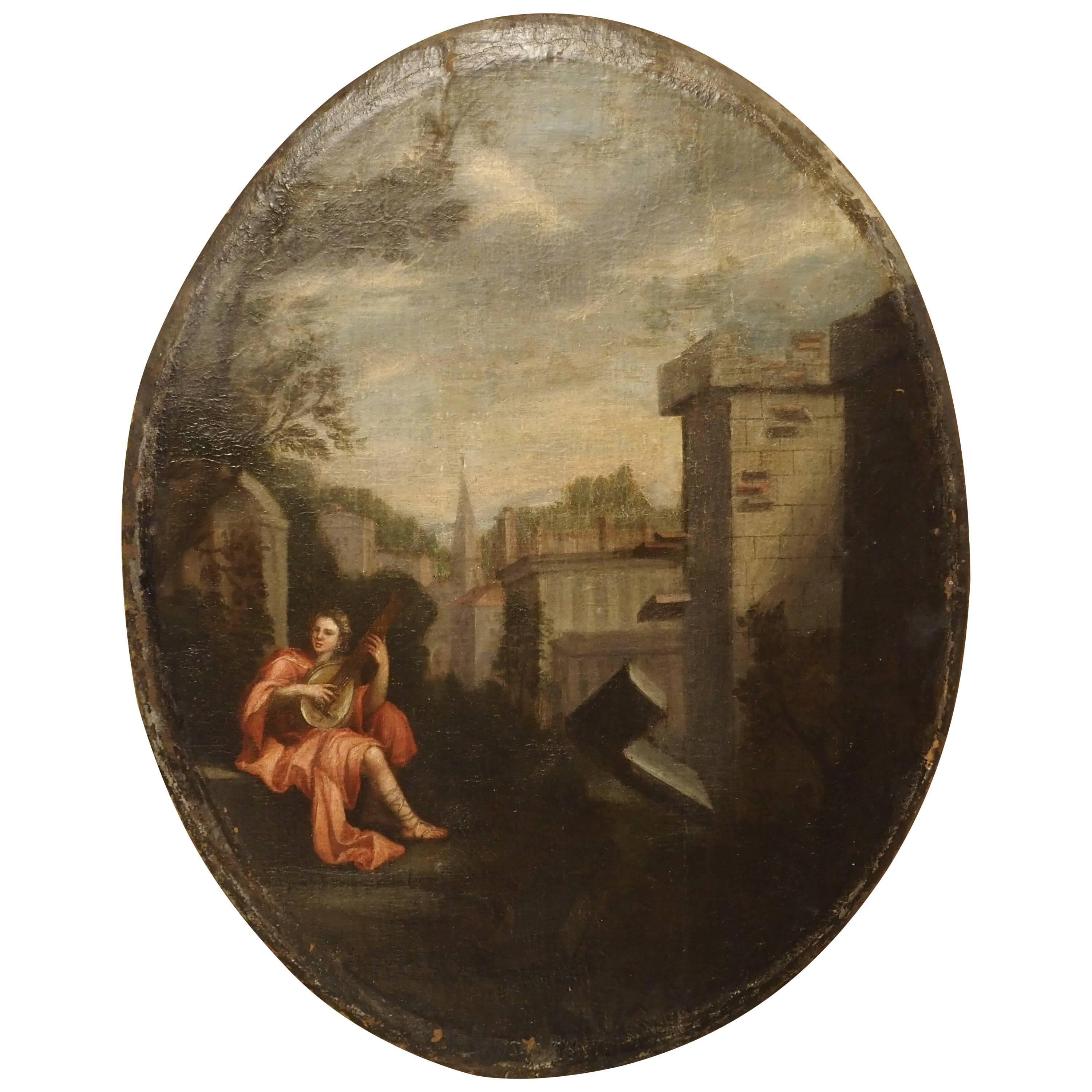 18th Century, French Oval Painting on Wooden Backing
