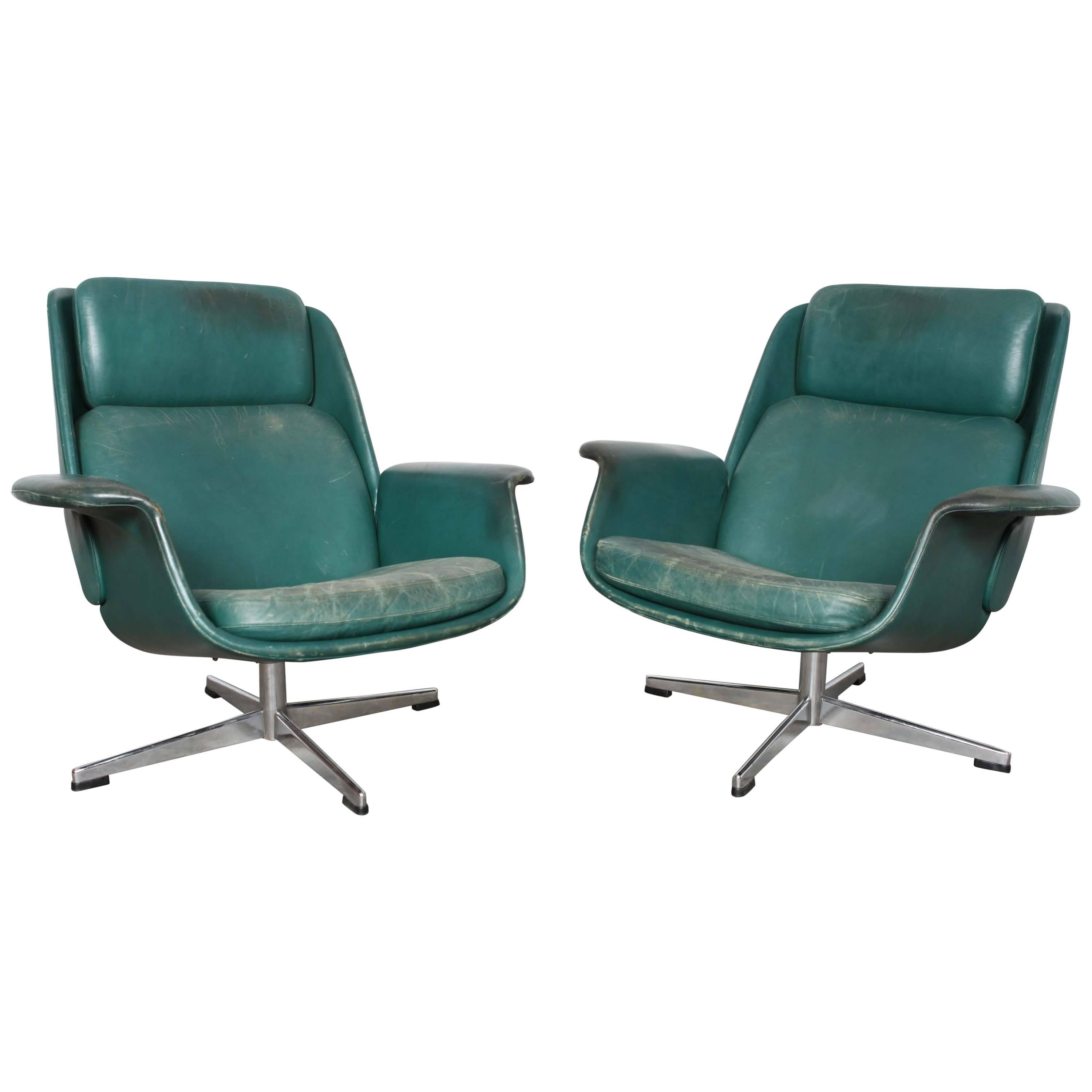 Danish Midcentury Green Leather Swivel Lounge Chairs