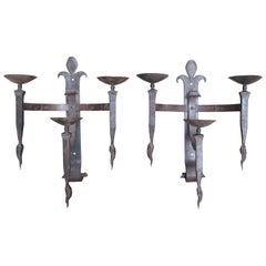 Pair of Early 1900's Forged Iron Fleur De Lys Sconces from France