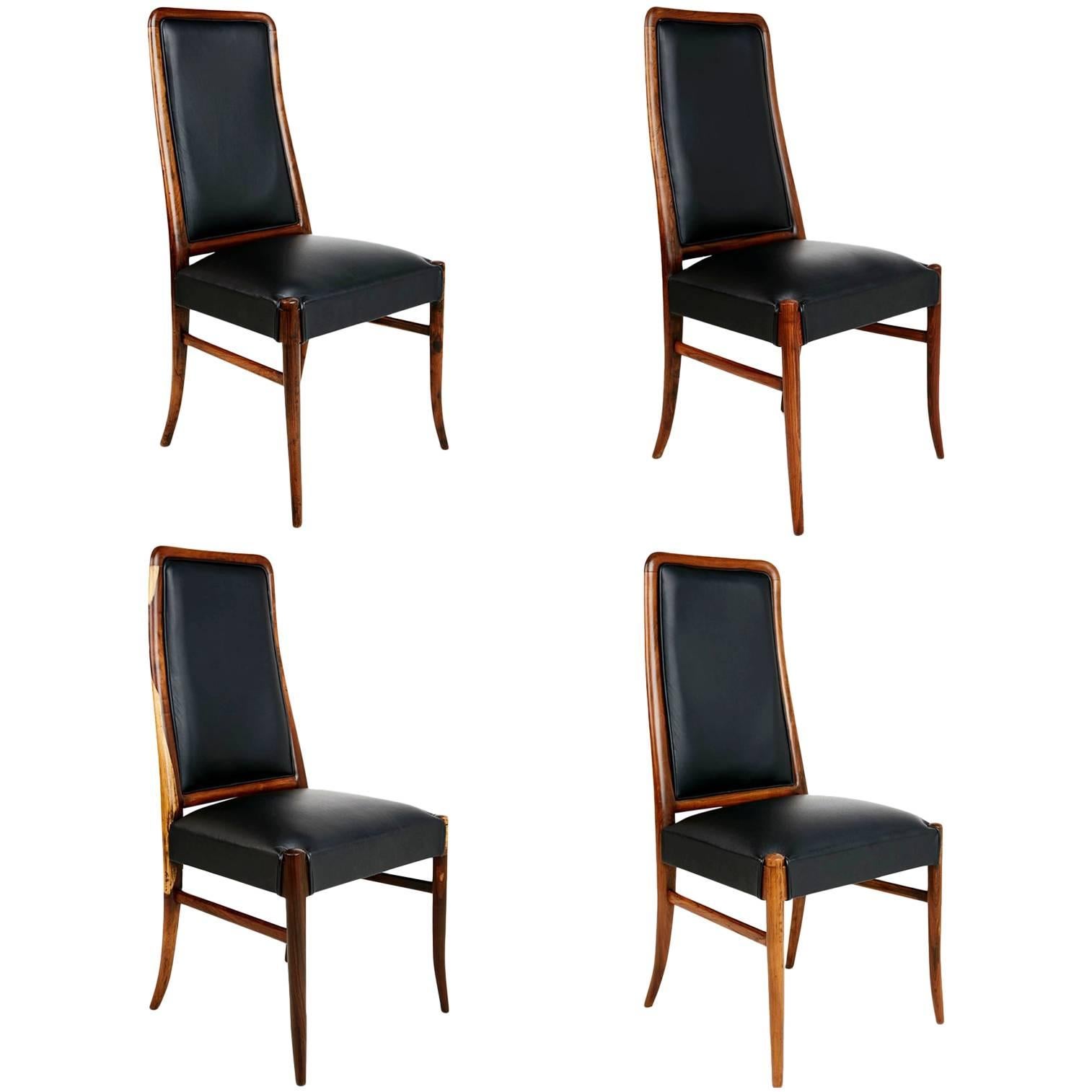 Exotic Jacaranda and Black Leather Dining Chairs, Set of Four, Brazil Circa 1970