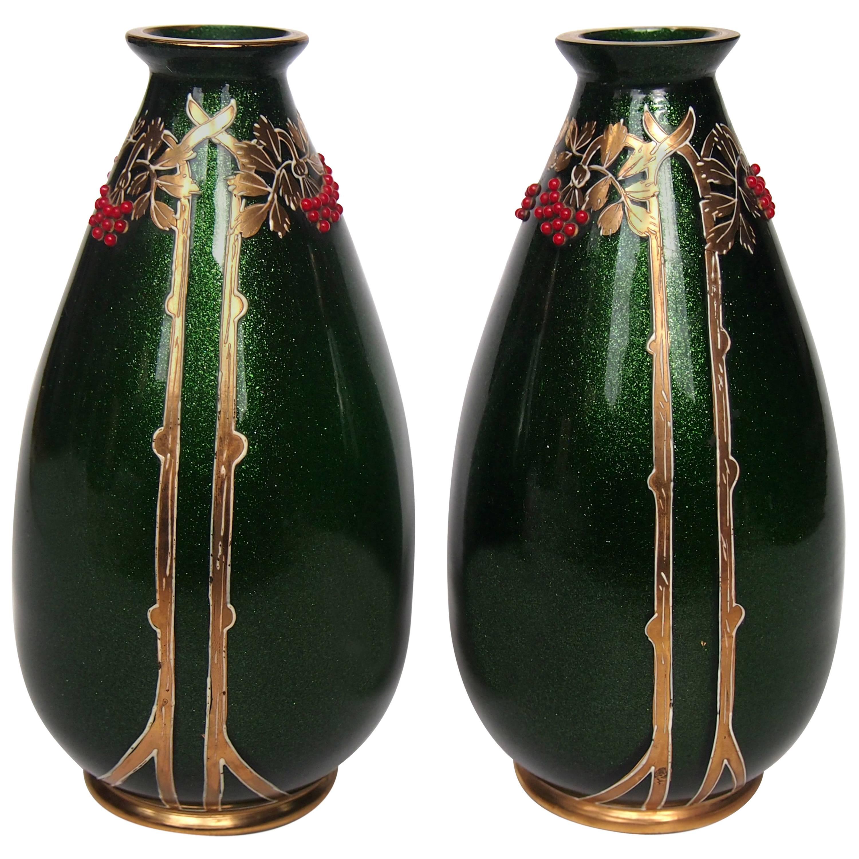Pair of Art Nouveau Riedel Green Aventurine Vases with Red Beads