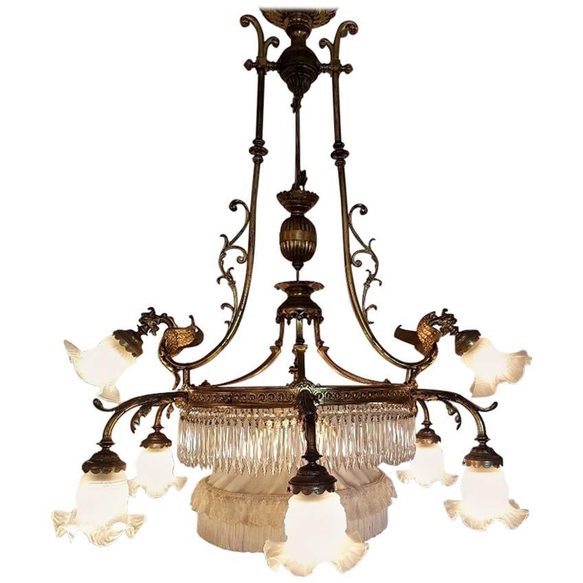 French Chandelier with Pulley-System, Nine Lights, Dragon Ornaments, Early 1900 For Sale