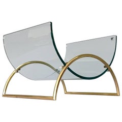 Chic Magazine Rack Stand Curved Glass Brass Lyre Shape, Gallotti & Radice, 1970