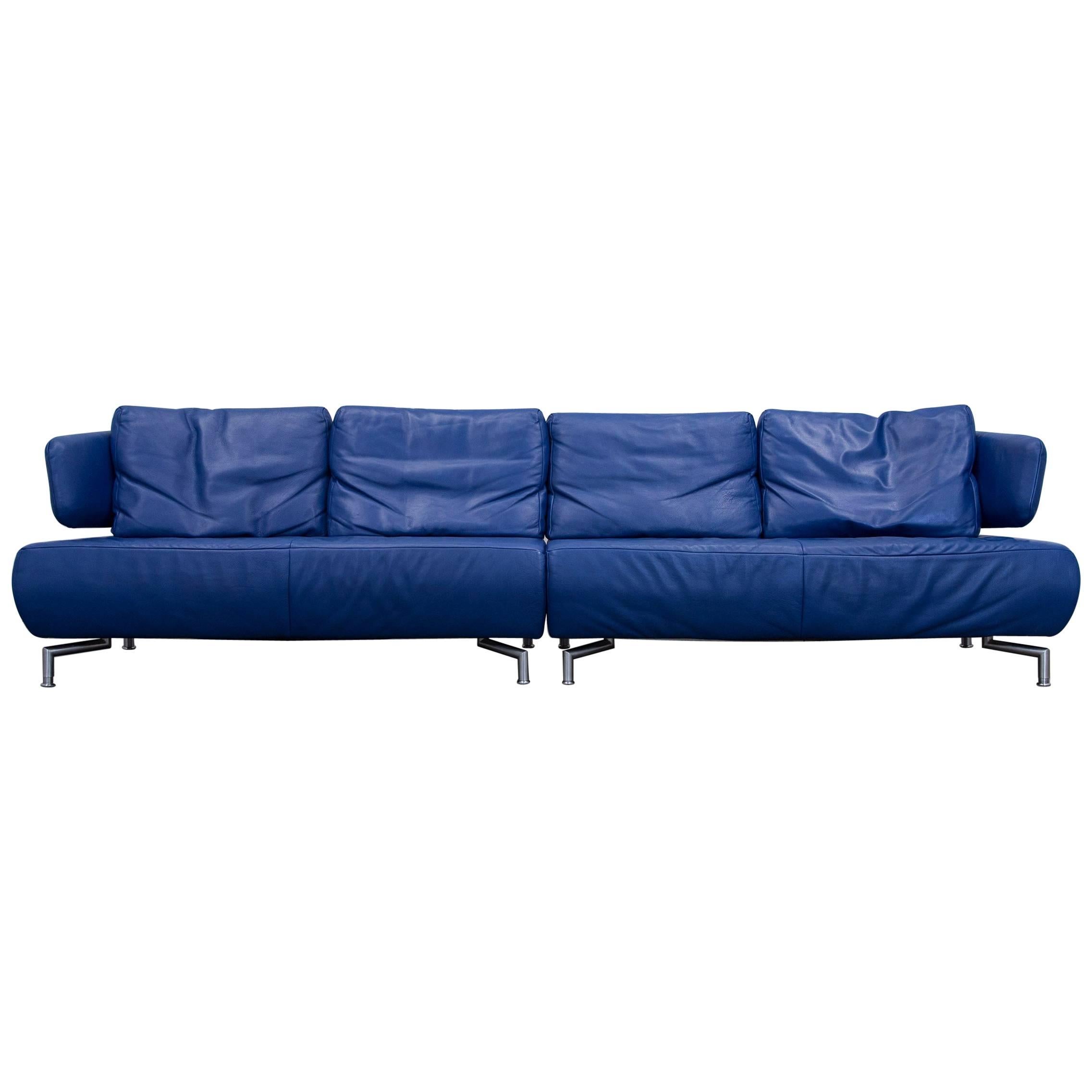 Koinor Designer Sofa Leather Blue Four-Seat Couch Function Modern For Sale