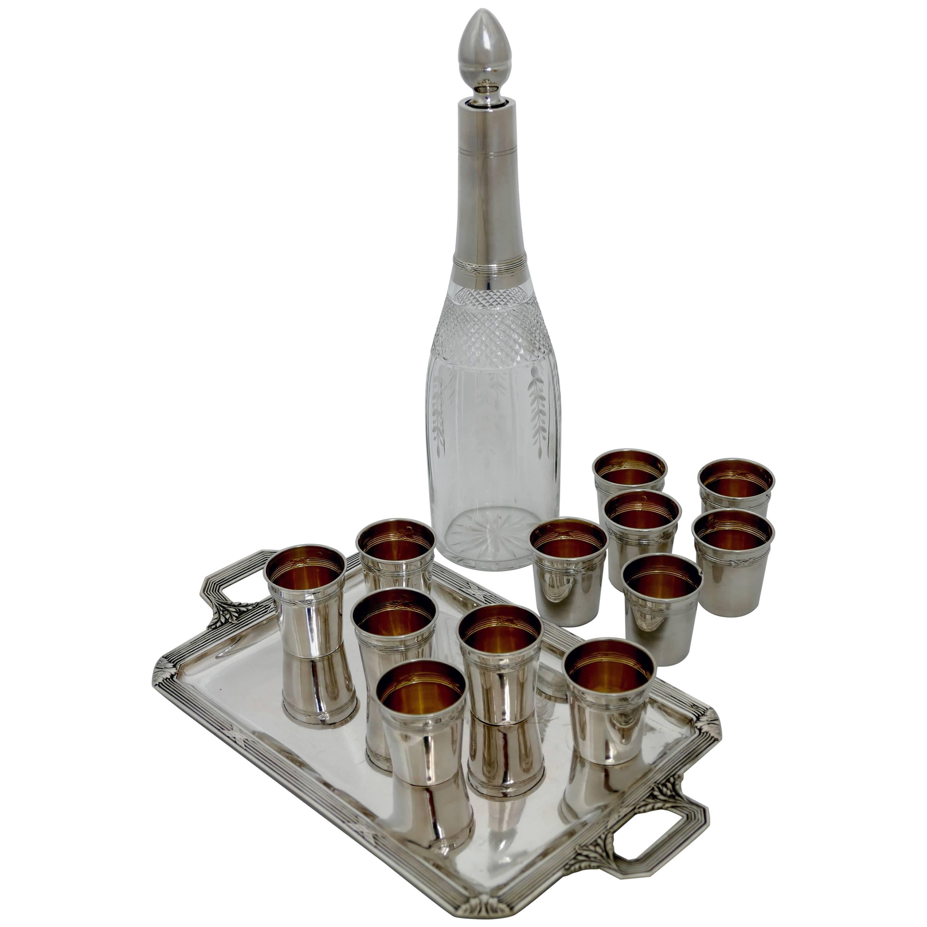 Debain French Sterling Silver Liquor Cups, Tray and Crystal Decanter, Ribbons For Sale