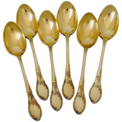 Soufflot French Sterling Silver 18k Gold Tea Coffee Spoons Set 6 Pc, Thrush, Box