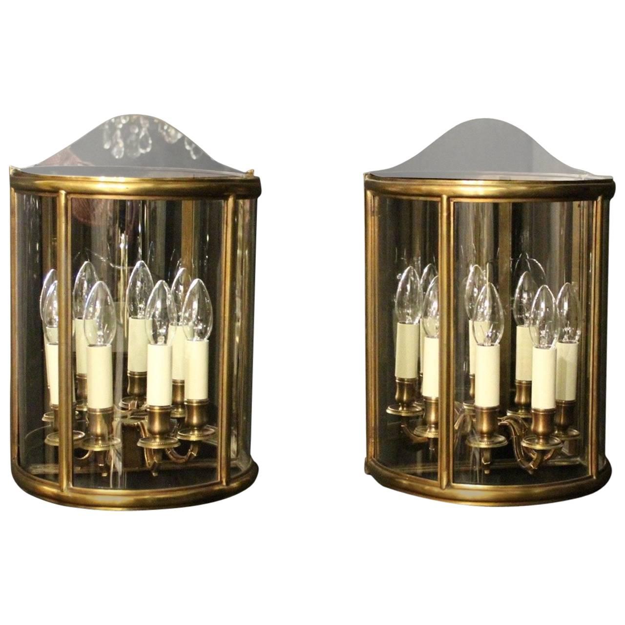 French Pair of Four-Light Bronze Antique Half Wall Lanterns