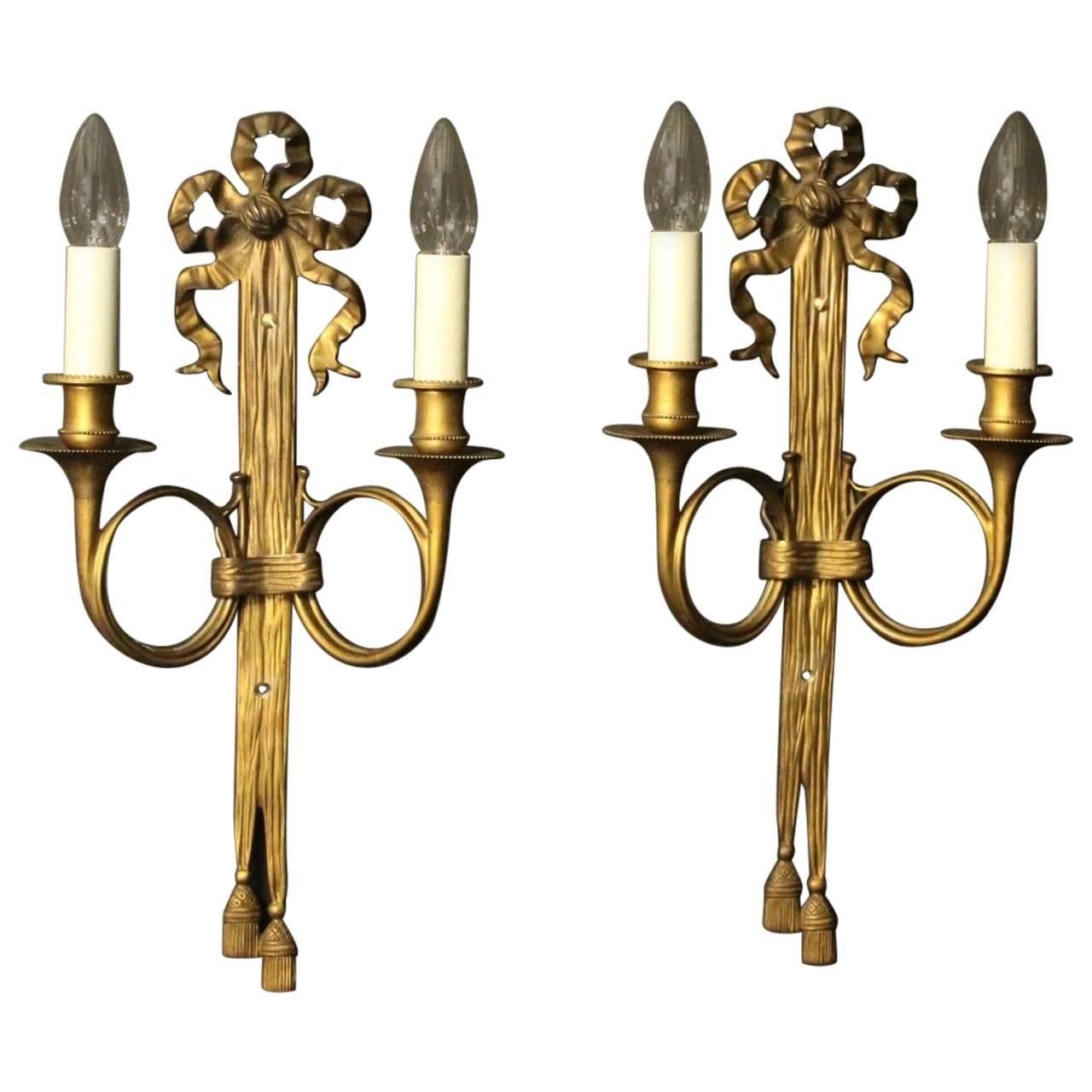 French Pair of Ribbon Gilded Bronze Antique Wall Sconces