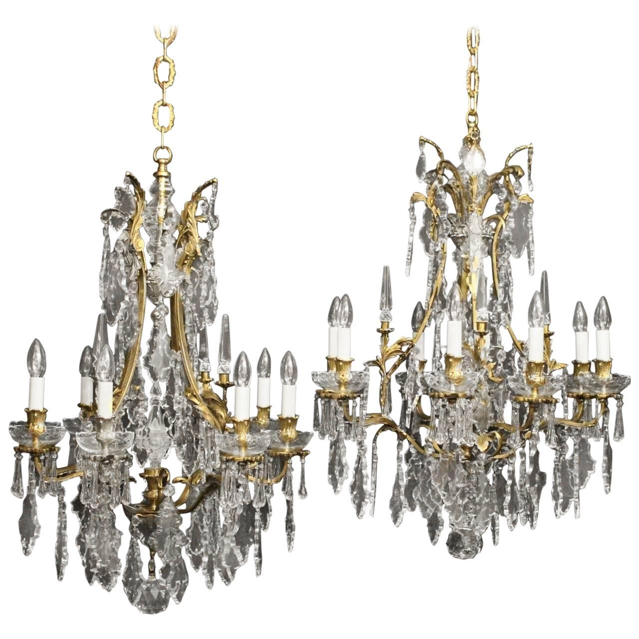 French Pair of Gilded Bronze and Crystal Antique Chandeliers