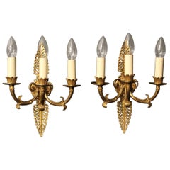 French Pair of Empire Gilded Bronze Twin Arm Antique Wall Lights