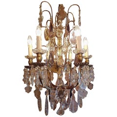 Antique French Bronze Chandelier Hung with Colored Crystals, Six Lights, Early 1900