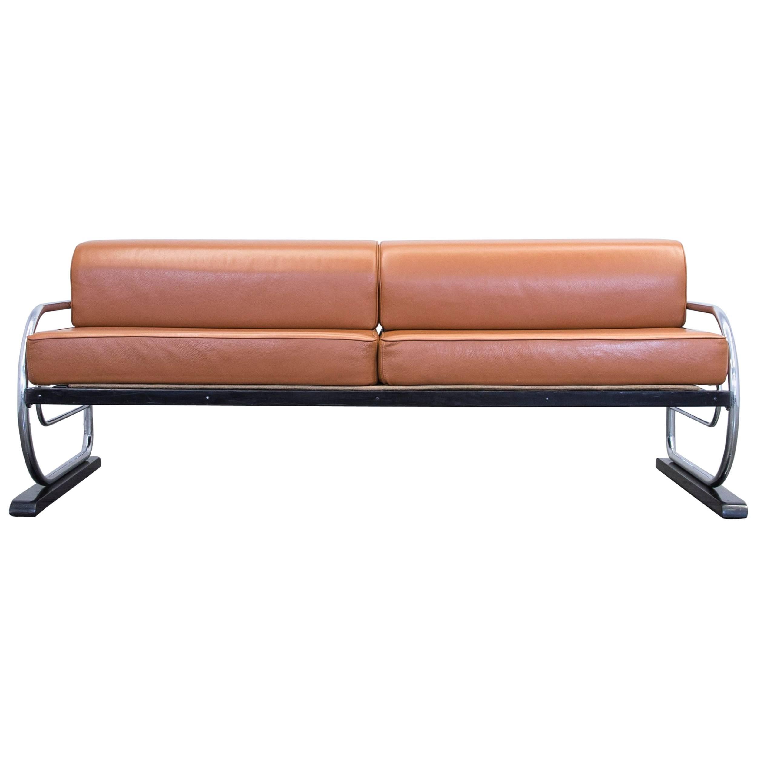 Gottwald Bauhaus Designer Sofa Leather Cognac Brown Three-Seat Metal Couch