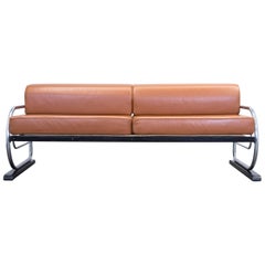 Gottwald Bauhaus Designer Sofa Leather Cognac Brown Three-Seat Metal Couch