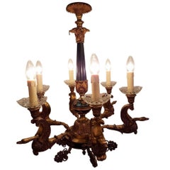 French Empire Style Chandelier of Gilt Bronze, Six Lights, Mid-1900