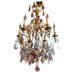 Antique French Bronze Chandelier in Cage Model with Colored Crystal, Early 1900