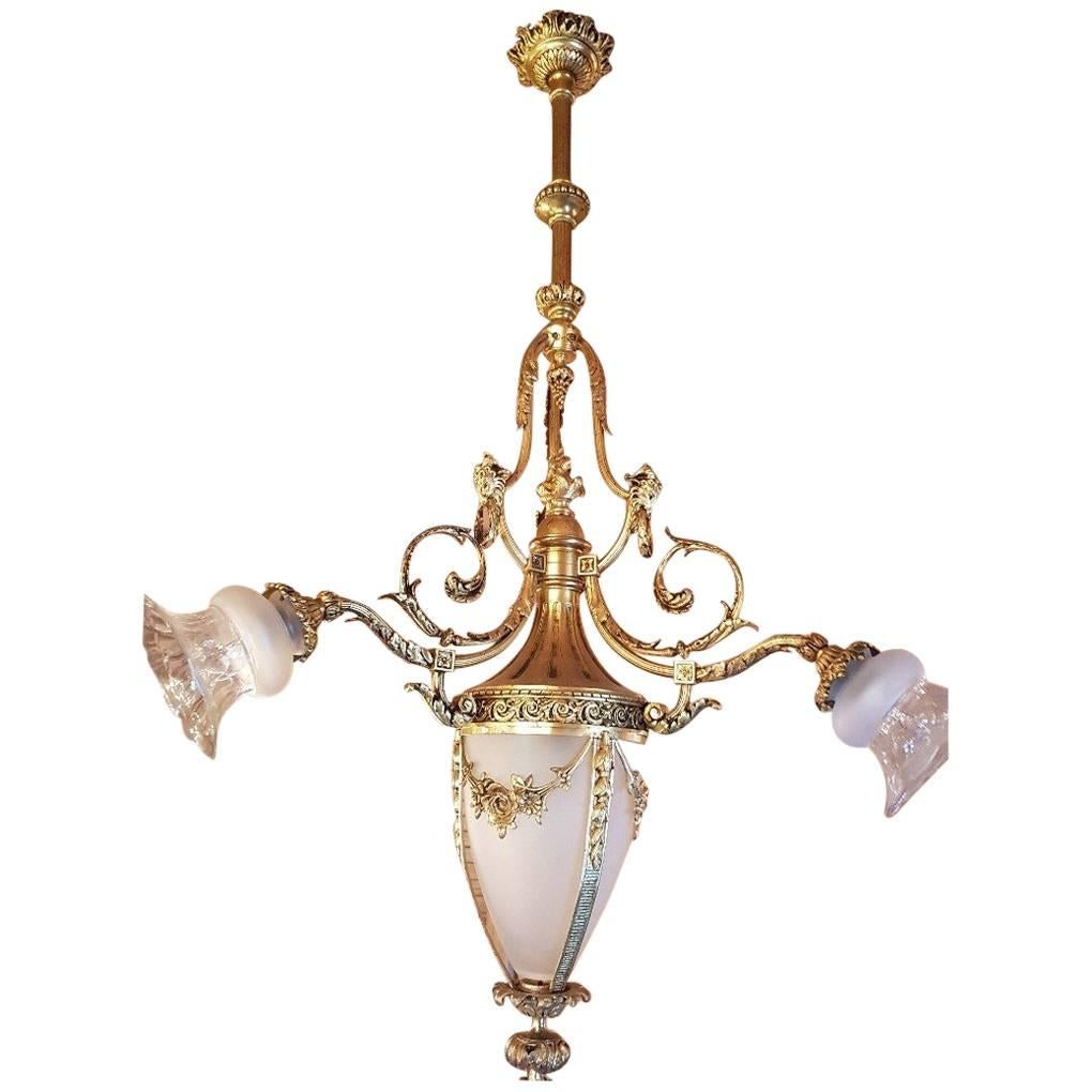 French Chandelier Empire Style Gilt Bronze and Frosted Glass For Sale