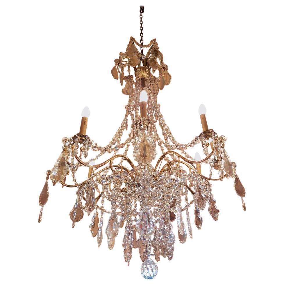 Large Bronze French Chandelier with Crystals and Crystal Strings For Sale