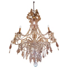Large Bronze French Chandelier with Crystals and Crystal Strings