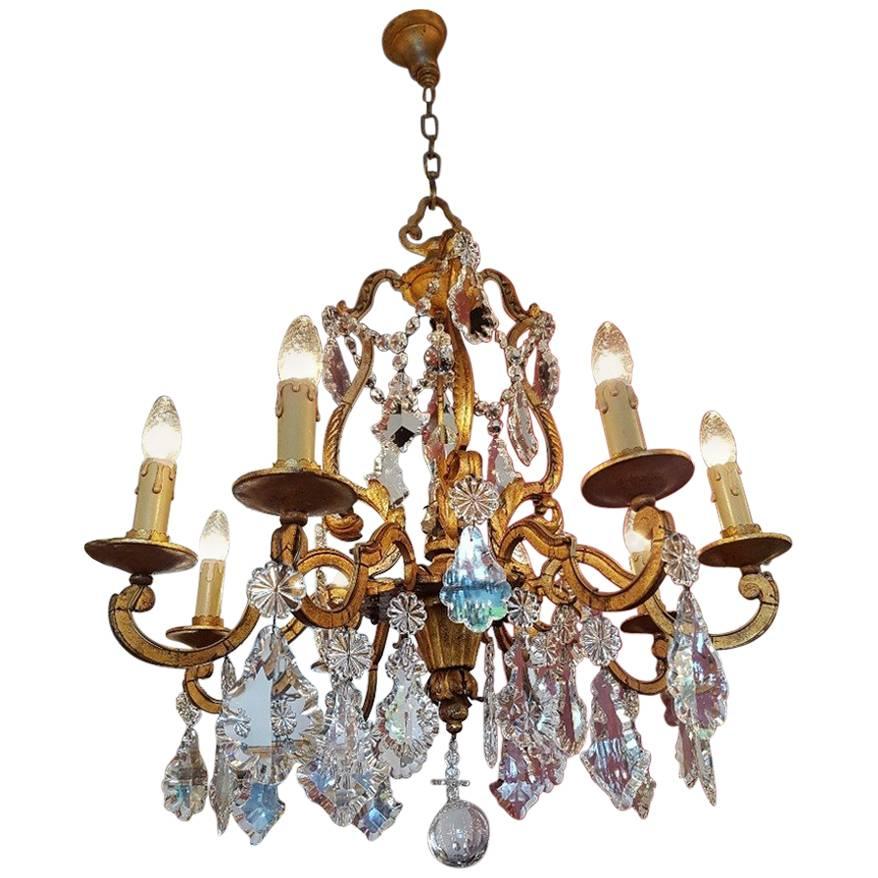 French Iron Chandelier in Doré Style with Crystal and One Pinnacle For Sale